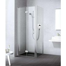 Porte de douche pivotante repliable, pivots à gauche, Série LIGA, largeur 900 mm, hauteur 2000 mm, profilé argent poli, Verre clair traité anticalcaire Réf. LI2SL09020VPR