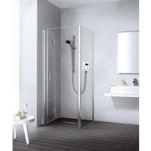 Porte de douche pivotante repliable, pivots à gauche, Série LIGA, largeur 900 mm, hauteur 2000 mm, profilé argent poli, Verre clair traité anticalcaire Réf. LI2SL09020VPR