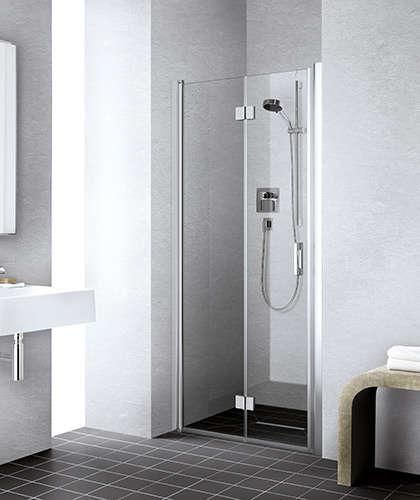 Porte de douche pivotante repliable, pivots à gauche, Série LIGA, largeur 900 mm, hauteur 2000 mm, profilé argent poli, Verre clair traité anticalcaire Réf. LI2SL09020VPR