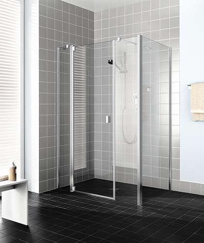 Porte de douche pivotante avec 2 éléments fixes, pivots à droite, RAYA, largeur 1400 mm, hauteur 2000 mm, Profilé Argent POLI, Verre clair traité anticalcaire Réf. RA1AR14020VPR