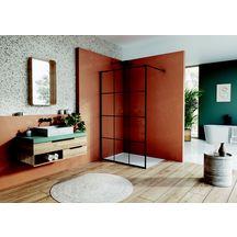 Paroi de douche fixe montée seule contre 1 mur avec profilé de compensation mural et barre de stabilisation EASY WALK-IN 900x2000 profilé noir mat vitrage Covering Loft (75) Réf. STR4P0900675