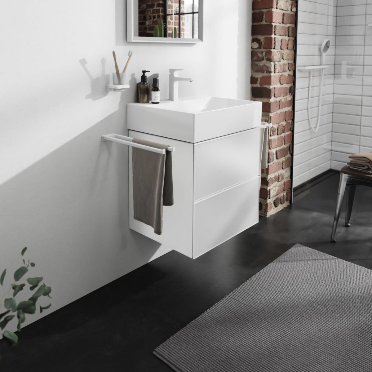 hansgrohe Xevolos E Meuble bas pour plan vasque 580/475 avec 2 tiroirs caisson Blanc mat, Façade: Blanc métallisé