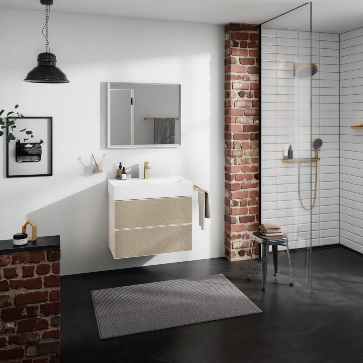 hansgrohe Xevolos E Meuble bas pour plan vasque 780/475 avec 2 tiroirs caisson Beige mat, Façade: Bronze texturé