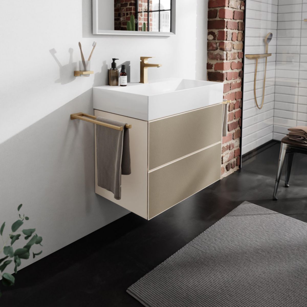 hansgrohe Xevolos E Meuble bas pour plan vasque 780/475 avec 2 tiroirs caisson Beige mat, Façade: Bronze texturé