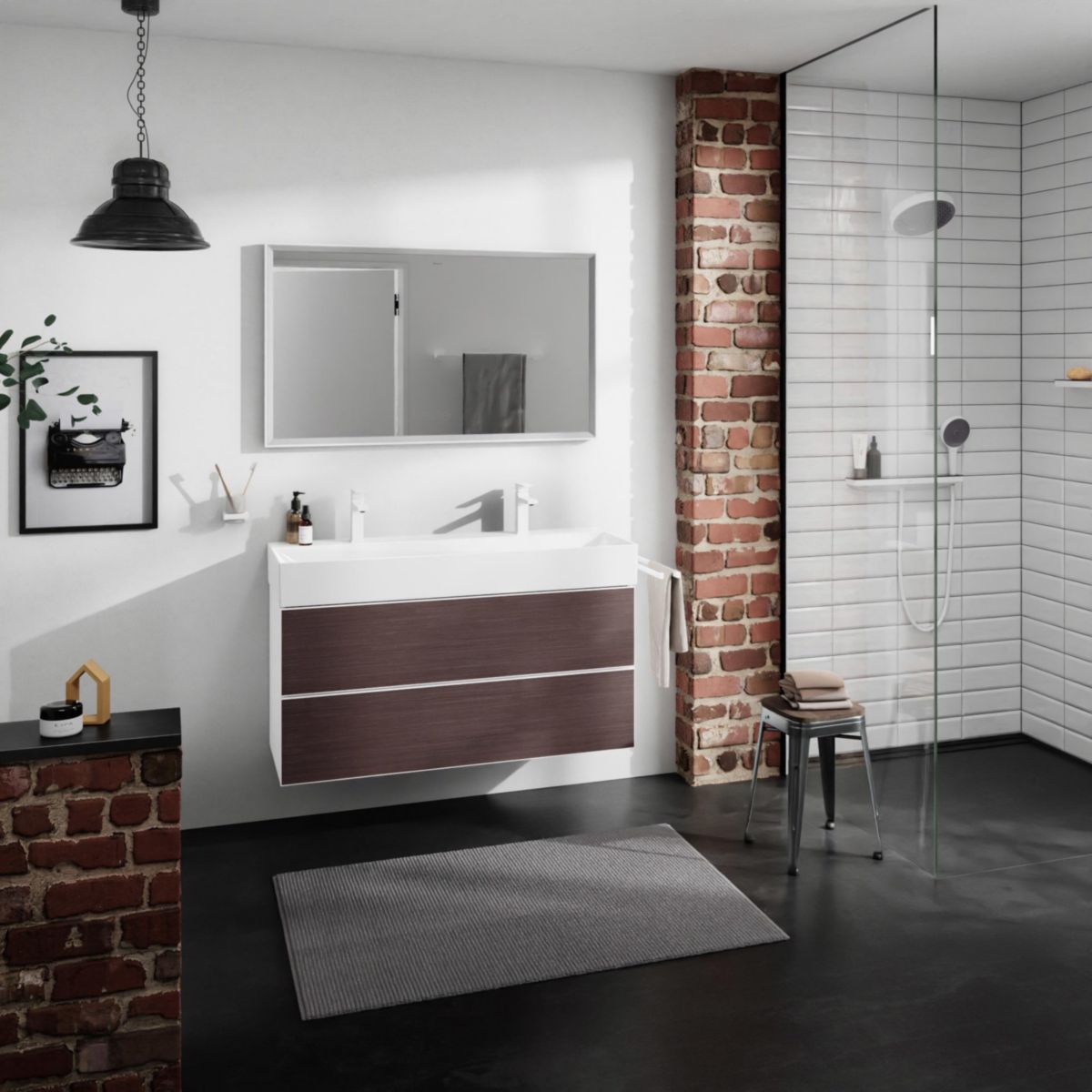 hansgrohe Xevolos E Meuble bas pour plan vasque 1180/475 avec 2 tiroirs caisson Blanc mat, Façade: Chêne foncé