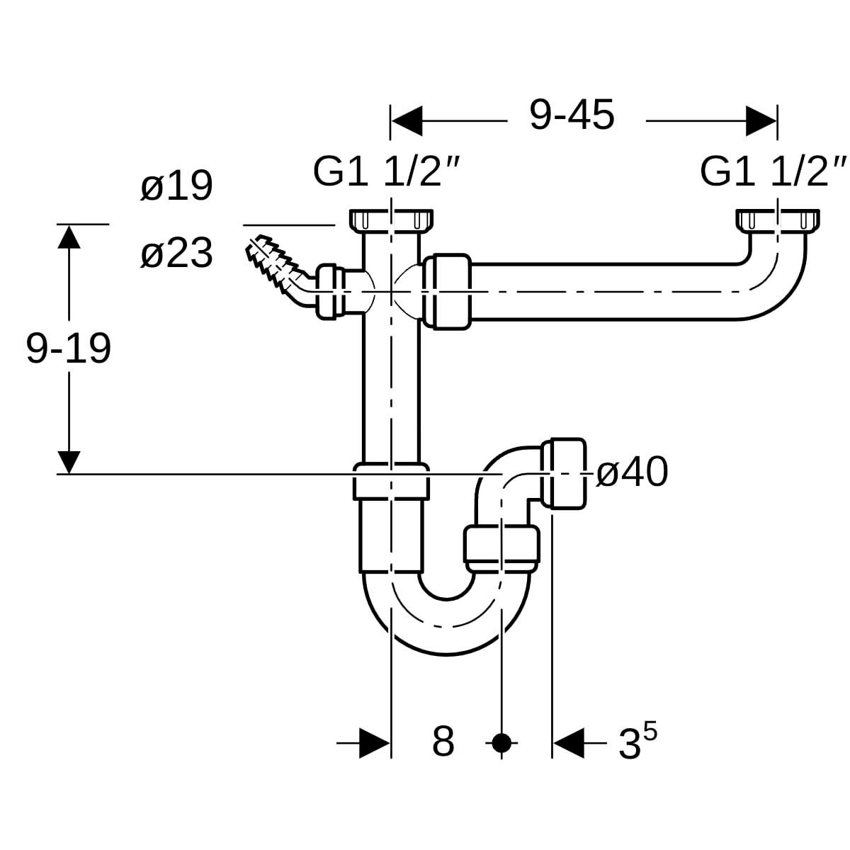 Siphon en tube coudé Geberit pour deux éviers, avec embout cannelé équerre, sort