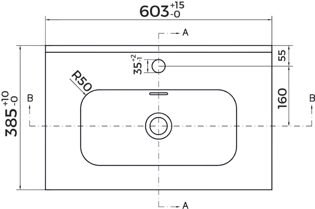 Plan vasque céramique 60cm Alterna Plénitude vasque centrée Profondeur 38cm