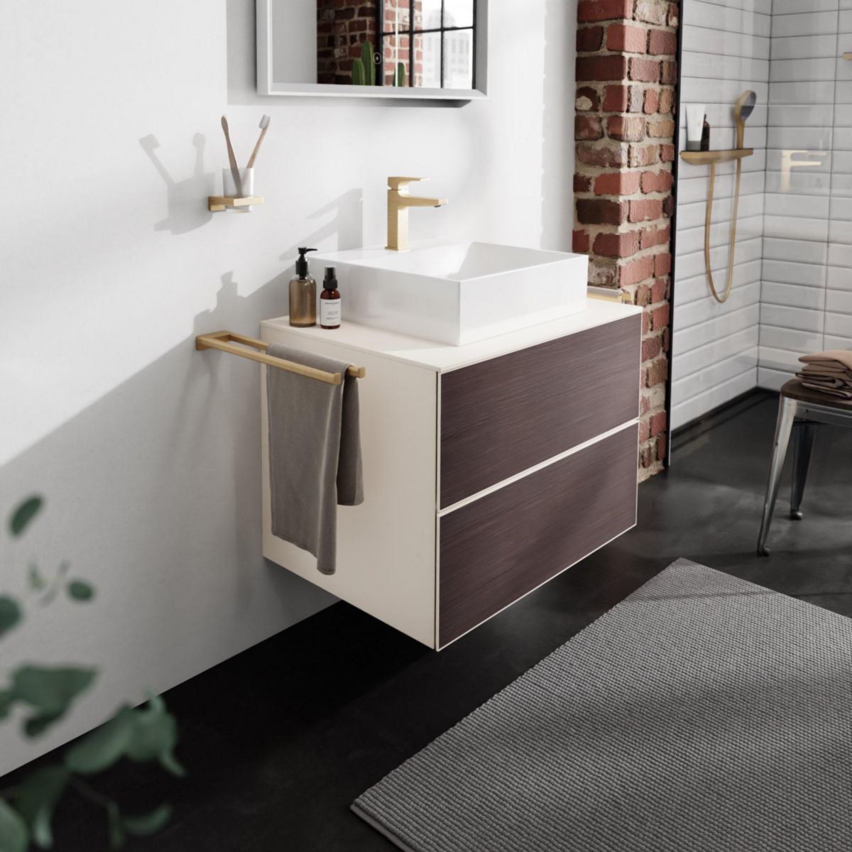 hansgrohe Xevolos E Meuble bas 780/550 pour lavabo à poser Xevolos E avec 2 tiroirs caisson Beige mat, Façade: Chêne foncé