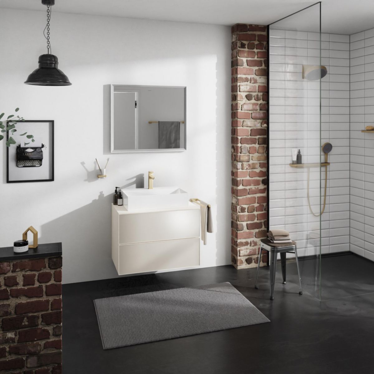 hansgrohe Xevolos E Meuble bas 780/550 pour lavabo à poser Xevolos E avec 2 tiroirs caisson Beige mat, Façade: Beige métallisé