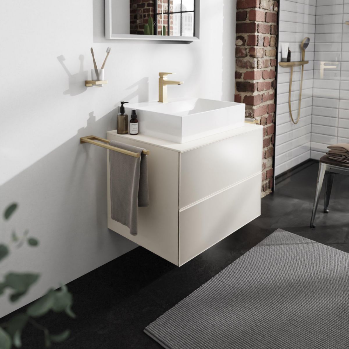 hansgrohe Xevolos E Meuble bas 780/550 pour lavabo à poser Xevolos E avec 2 tiroirs caisson Beige mat, Façade: Beige métallisé