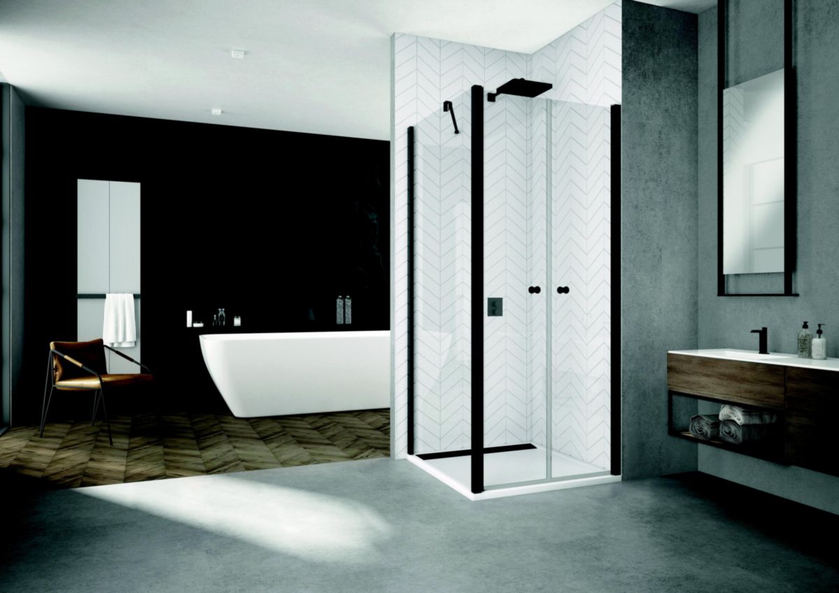 Paroi de douche porte battante (saloon) ouverture intérieure et extérieure SOLINO 800x2000 profilé noir mat vitrage transparent (07) 6mm Réf. SOL208000607