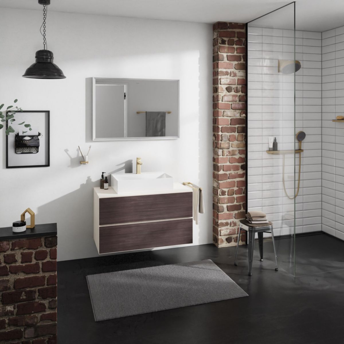 hansgrohe Xevolos E Meuble bas 980/550 pour lavabo à poser Xevolos E avec 2 tiroirs caisson Beige mat, Façade: Chêne foncé