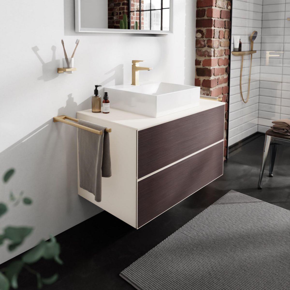 hansgrohe Xevolos E Meuble bas 980/550 pour lavabo à poser Xevolos E avec 2 tiroirs caisson Beige mat, Façade: Chêne foncé