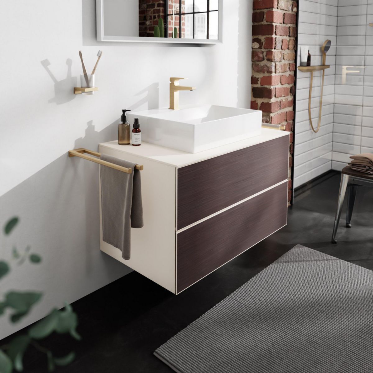 hansgrohe Xevolos E Meuble bas 980/550 pour lavabo à poser Xevolos E avec 2 tiroirs caisson Beige mat, Façade: Chêne foncé