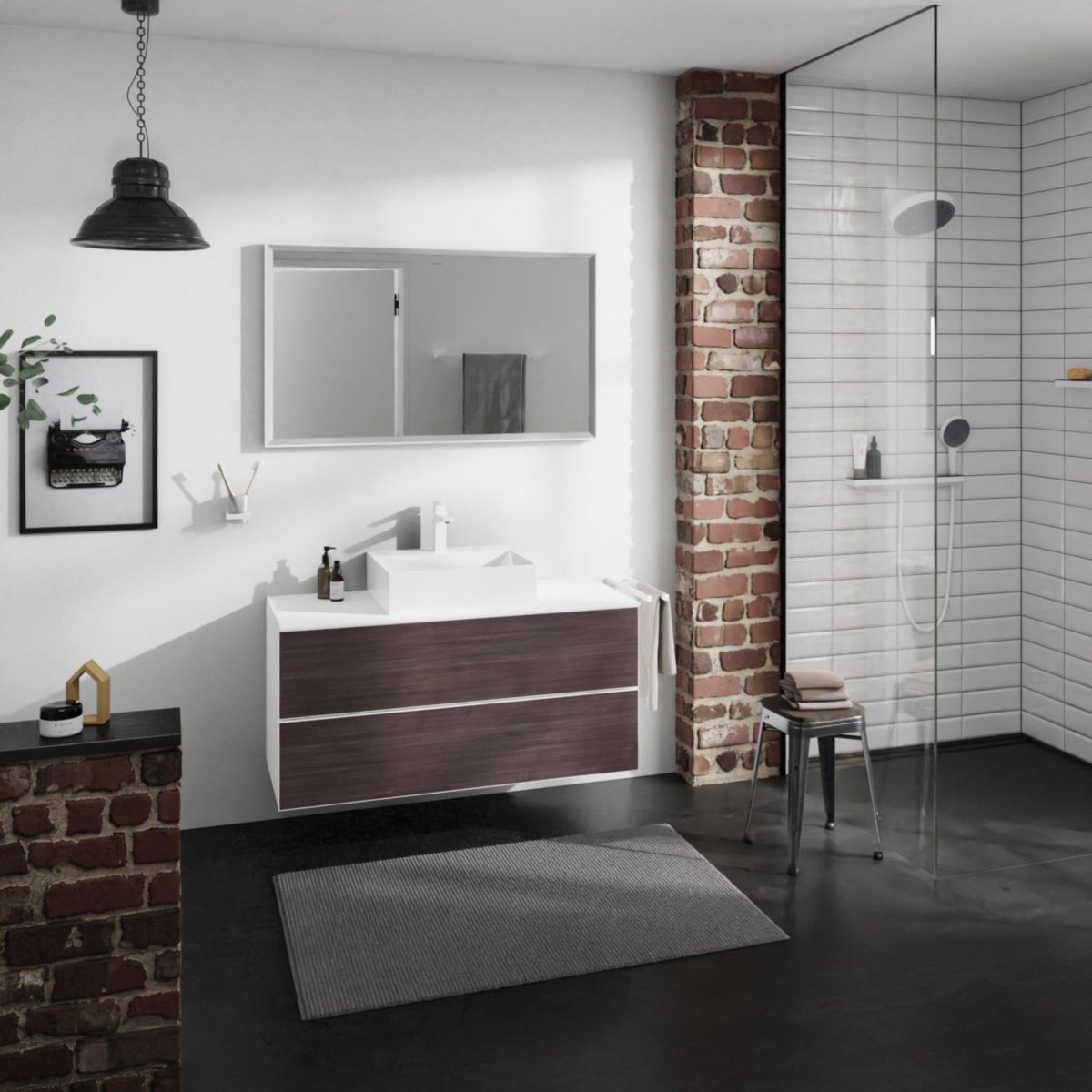 hansgrohe Xevolos E Meuble bas 1180/550 pour lavabo à poser Xevolos E avec 2 tiroirs caisson Blanc mat, Façade: Chêne foncé