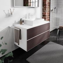 hansgrohe Xevolos E Meuble bas 1180/550 pour lavabo à poser Xevolos E avec 2 tiroirs caisson Blanc mat, Façade: Chêne foncé