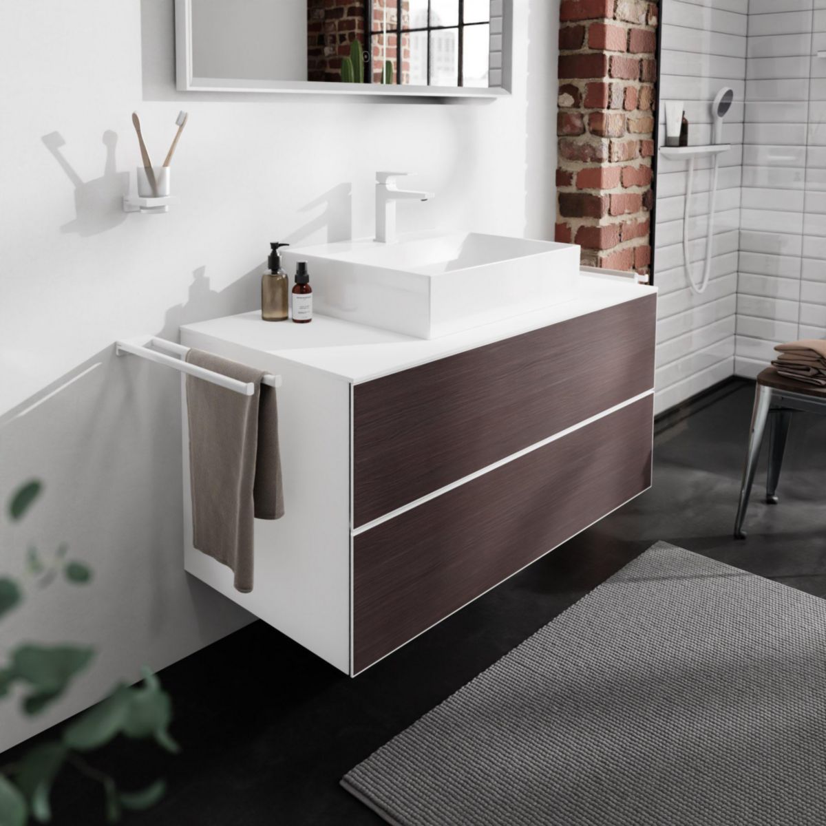 hansgrohe Xevolos E Meuble bas 1180/550 pour lavabo à poser Xevolos E avec 2 tiroirs caisson Blanc mat, Façade: Chêne foncé