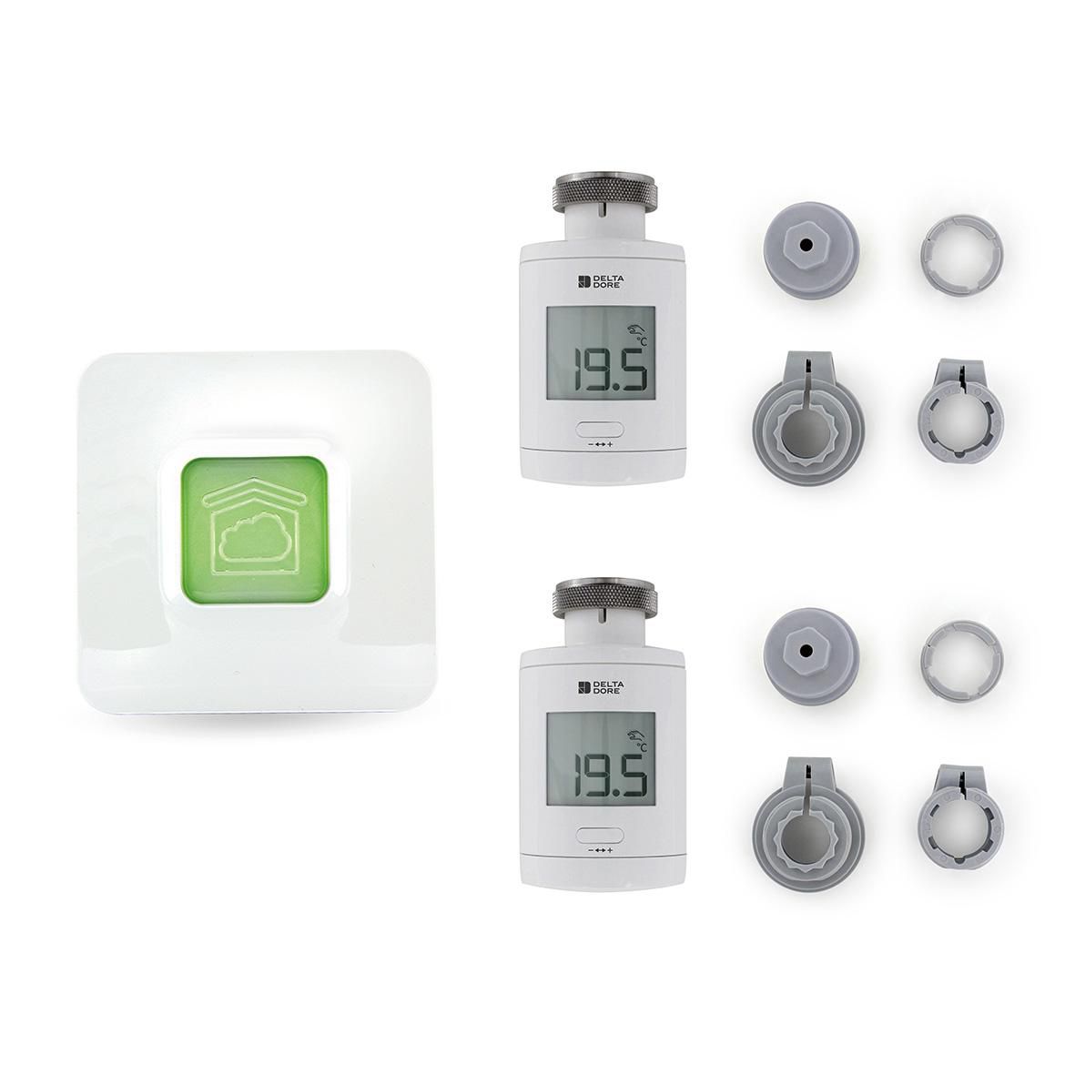 Pack connecté de têtes thermostatiques comprenant 1 Tydom, 2 têtes thermostatiques et 2 sachets de 4 adaptateurs Danfoss RA, RAV, RAVL et M28 x 1.5 pour Comap, Herz, MMA Réf.Pack TRV 1.0 connecté Réf : 6050650