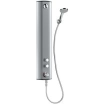 Panneau de douche, robinet temporisé thermostat bi commande 1/4 de tours en aluminium anodisé, à poser en applique, avec mitigeur thermostatique Premix, robinet temporis é 25 sec et pomme de douche inviolable en laiton massif chromé réf. 792390