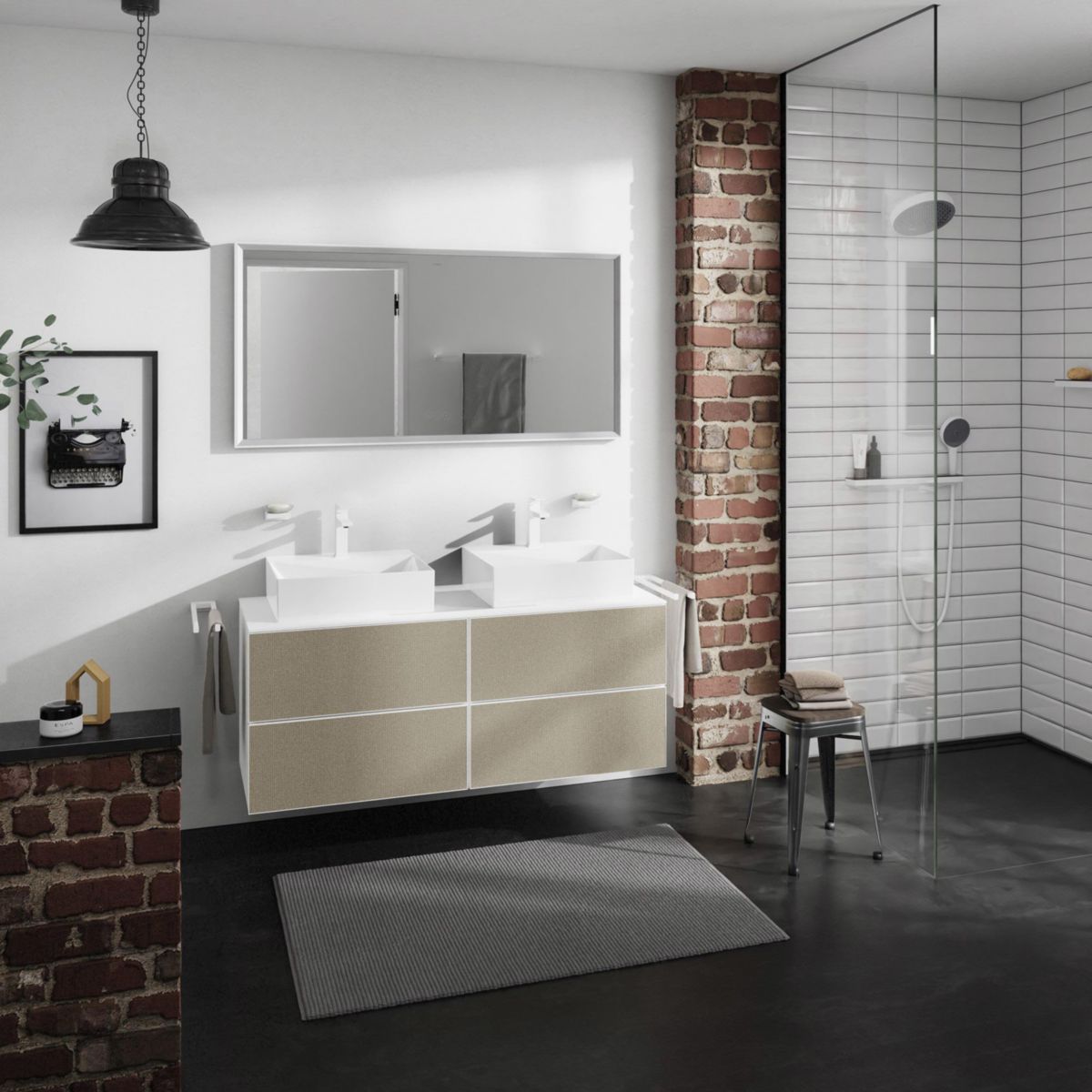 hansgrohe Xevolos E Meuble bas pour double lavabo à poser Xevolos E 1370/550 avec 4 tiroirs caisson Blanc mat, Façade: Bronze texturé