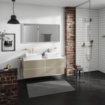 hansgrohe Xevolos E Meuble bas pour double lavabo à poser Xevolos E 1370/550 avec 4 tiroirs caisson Beige mat, Façade: Bronze texturé