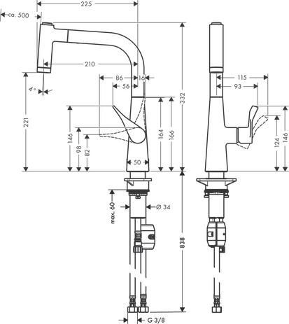 hansgrohe Metris M71 Mitigeur de cuisine 220, avec douchette extractible 2 jets, Chromé