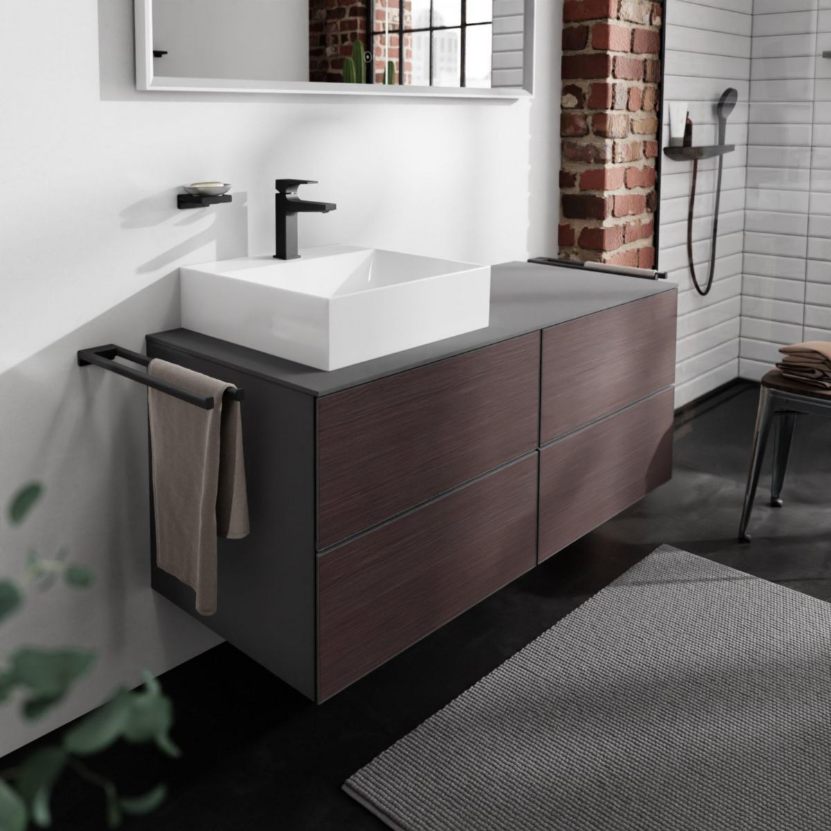 hansgrohe Xevolos E Plan stratifié 1370/550 percé à gauche pour lavabo Xevolos E 500/480, Gris mat