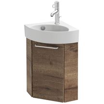 Meuble d'angle sous lave-mains.<br>L45,5 x P21,6 x H48 cm. <br>1 porte à fermeture ralentie. Charnières à droite.<br>A commander avec le lave-mains EGP112.Mélaminé Chêne tabac