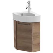 Meuble d'angle sous lave-mains.<br>L45,5 x P21,6 x H48 cm. <br>1 porte à fermeture ralentie. Charnières à droite.<br>A commander avec le lave-mains EGP112. Mélaminé Chêne Québec