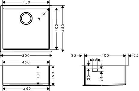 hansgrohe S71 S719-U450 Evier encastré sous plan 450, Acier inoxydable