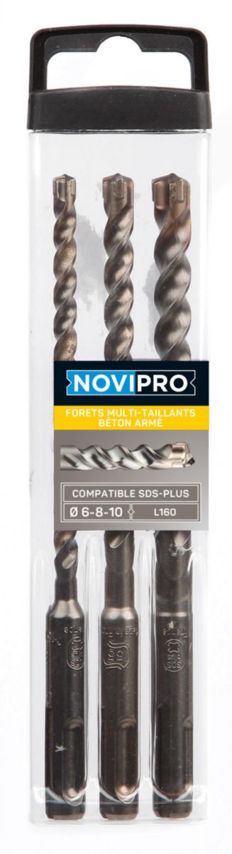 Slim pack 3 Forets perforateur SDS+ 3 Taillants Béton et Béton armé Novipro diamètre 6 - 8 - 10 mm L160 mm