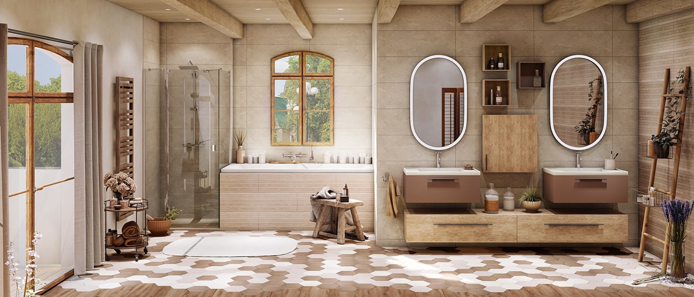 Style de salle de bain campagne chic CEDEO avec douche, baignoire et fenêtres donnant sur un jardin