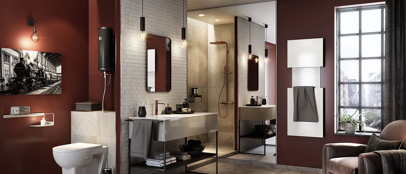 Solution de salle de bain CEDEO intime en T de style industriel avec wc aux murs rouge foncé