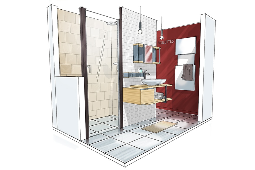 plan dessiné en 3D de la solution de salle de bain intime en T de CEDEO