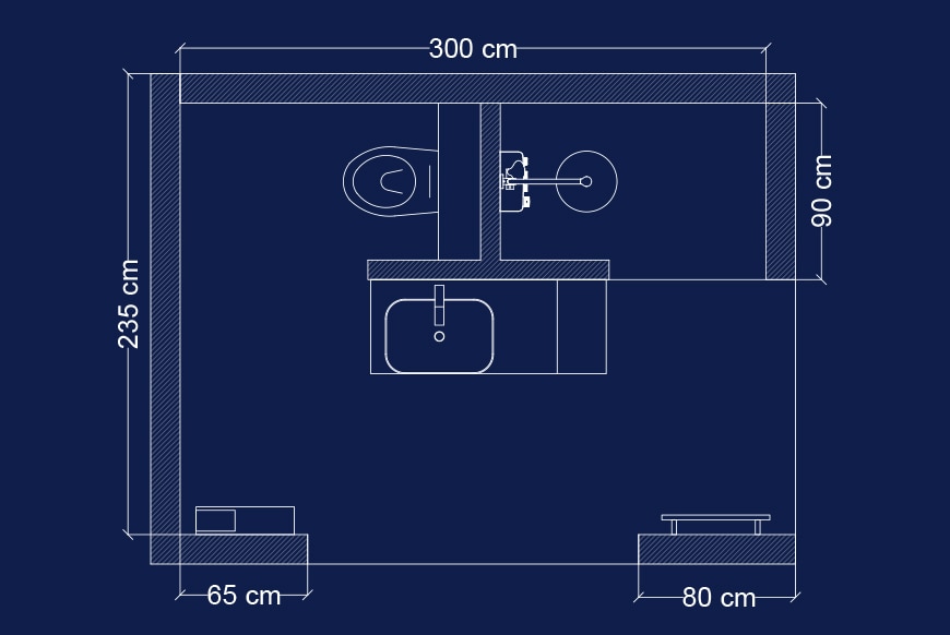 plan technique avec mesures sur fond bleu de la solution de salle de bain intime en T de CEDEO