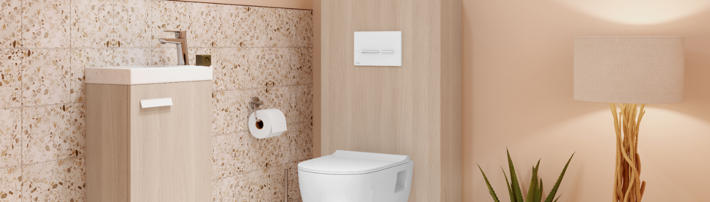 Alt : meuble beige bois salle de bain pour wc suspendu et lave mains Alterna