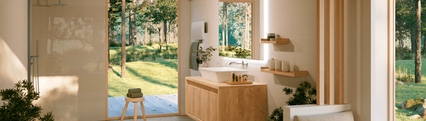 Alt : salle de bain beige et verte avec meubles en bois