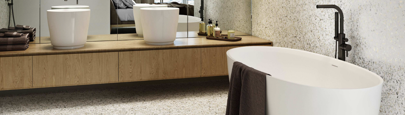 Alt : carrelage salle de bain beige Terrazzo Flakes de Barwolk